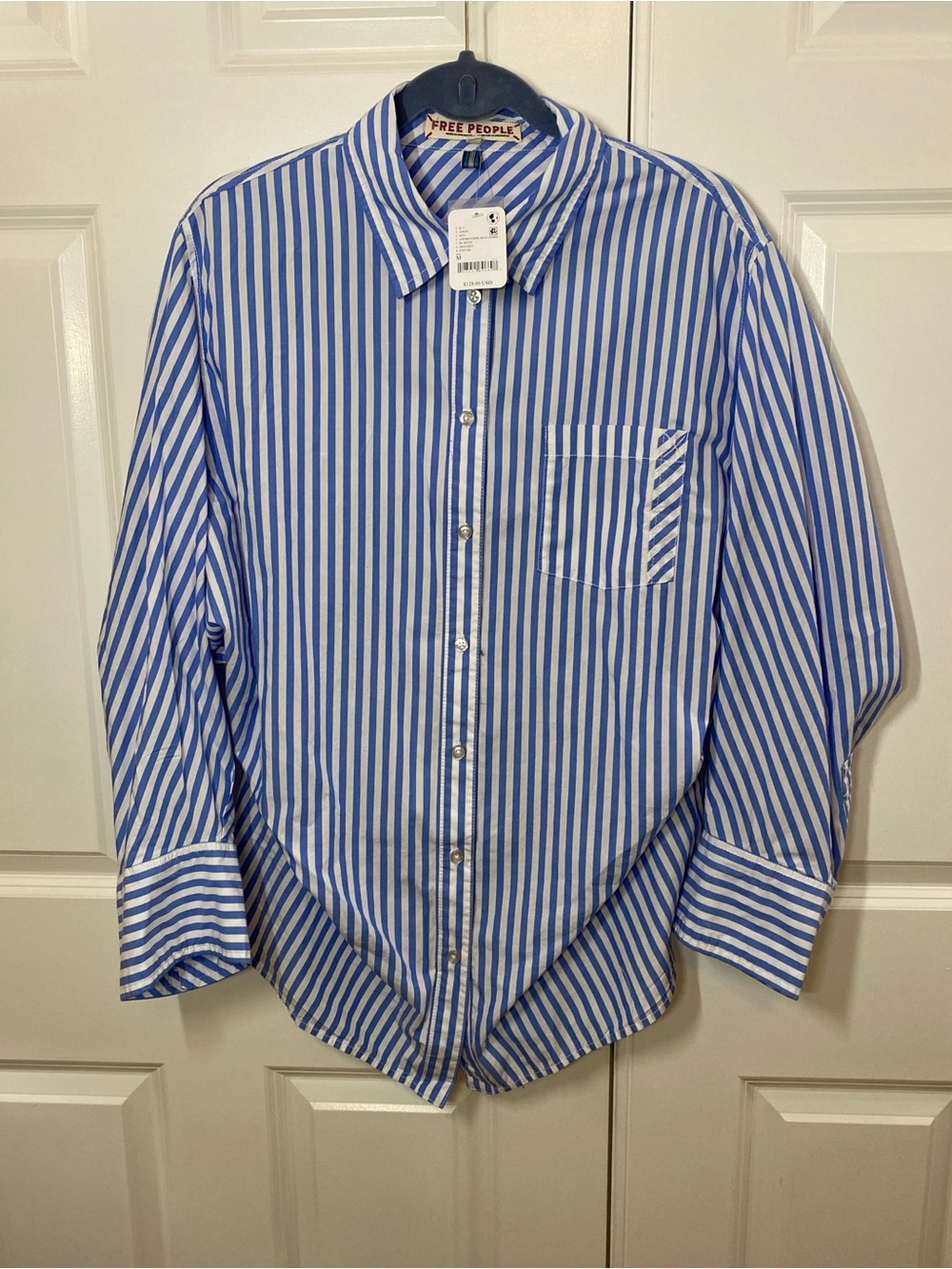 NWT Free People Blue & White Vertical Stripe Button-Down Shirt size Medium